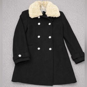 Karl Lagerfeld Paris Black Wool Coat Faux Shearling Collar Double Breasted Sz 8.